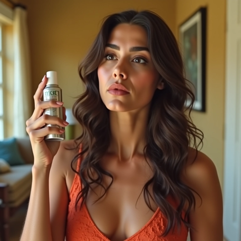 Mulher aplicando fixador de fixação média antes de uma festa em casa.