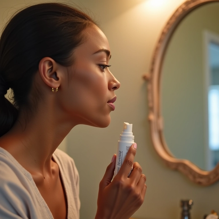 Mulher aplicando fixador de maquiagem caseiro em um banheiro iluminado.