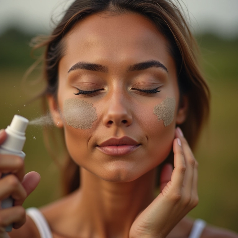 Mulher aplicando fixador em spray no rosto, olhos fechados, visual fresco e radiante.