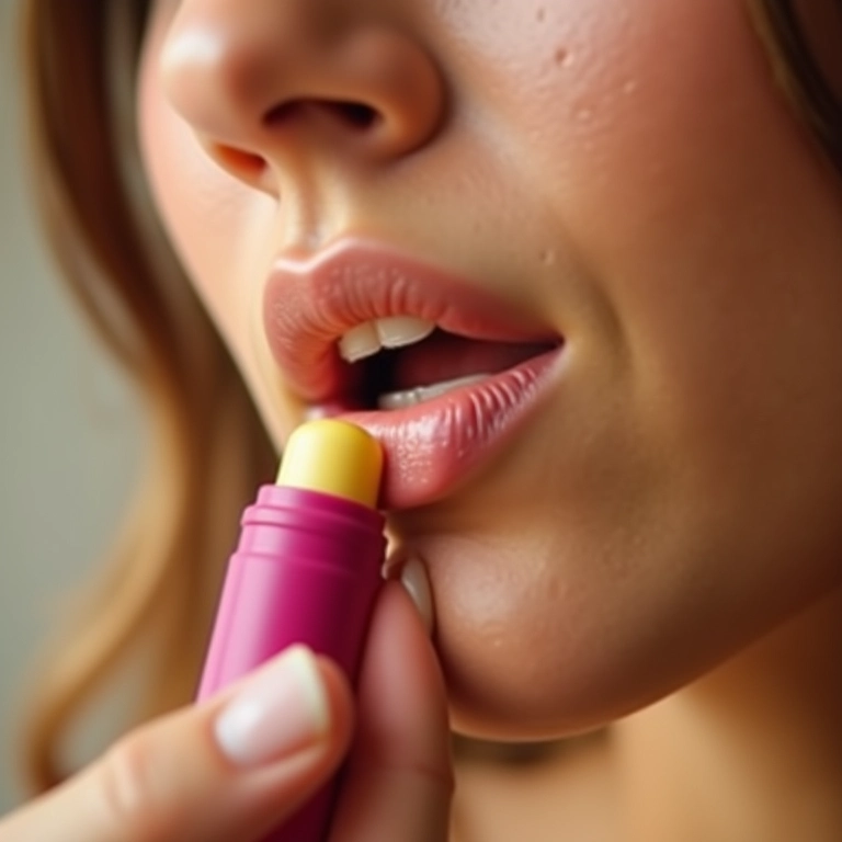 Mulher aplicando hidratante labial para lábios macios e protegidos.