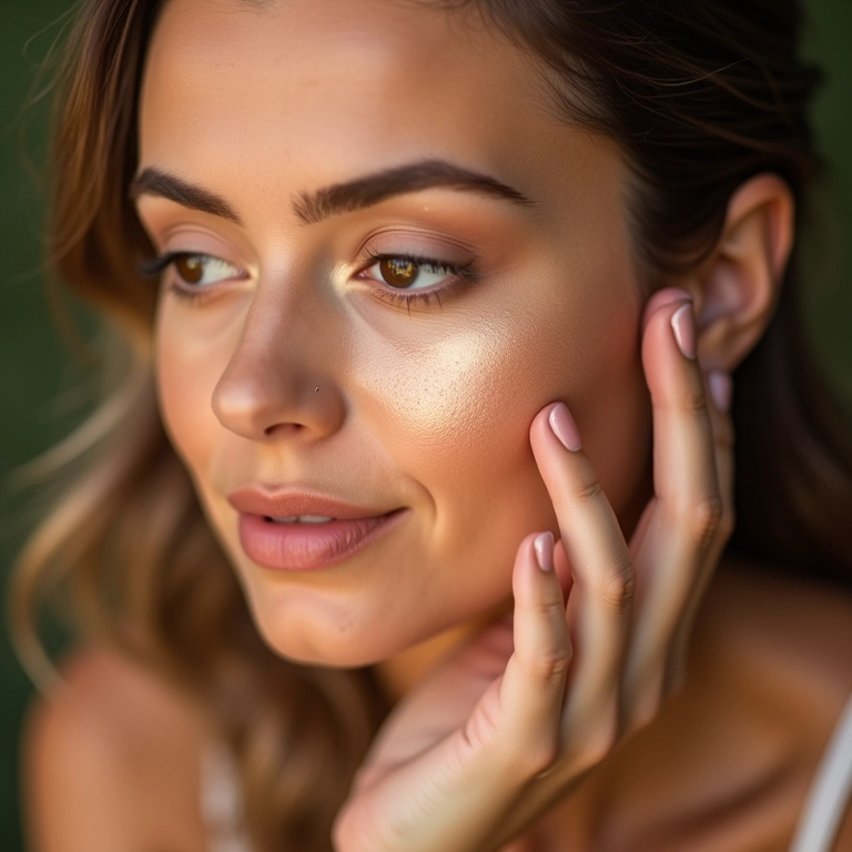 Mulher aplicando iluminador de farmácia nas maçãs do rosto.