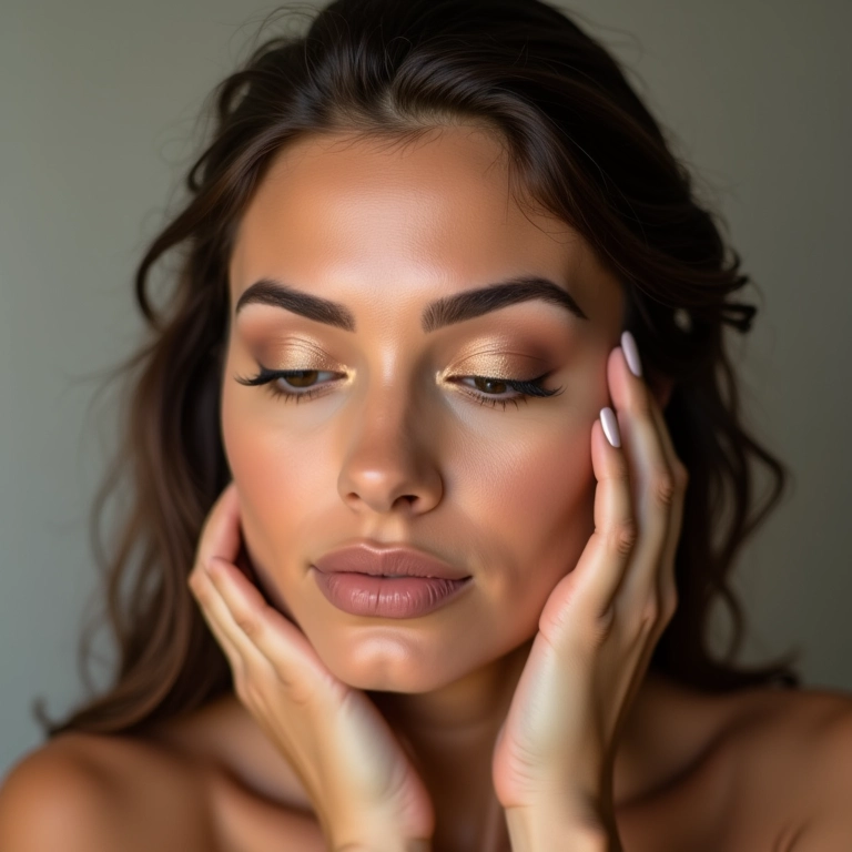 Mulher aplicando iluminador duochrome sutil para o dia a dia.