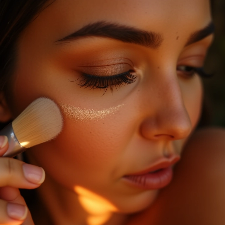 Mulher aplicando iluminador em pó na maçã do rosto.