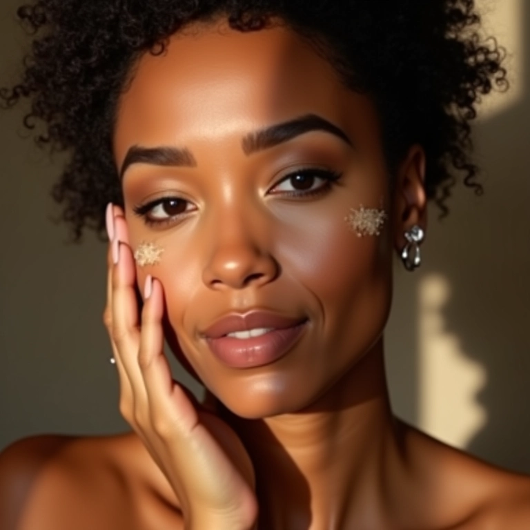 Mulher aplicando iluminador nas maçãs do rosto para uma maquiagem nude radiante.