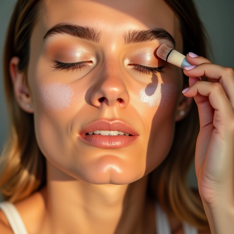 Mulher aplicando iluminador nas maçãs do rosto.