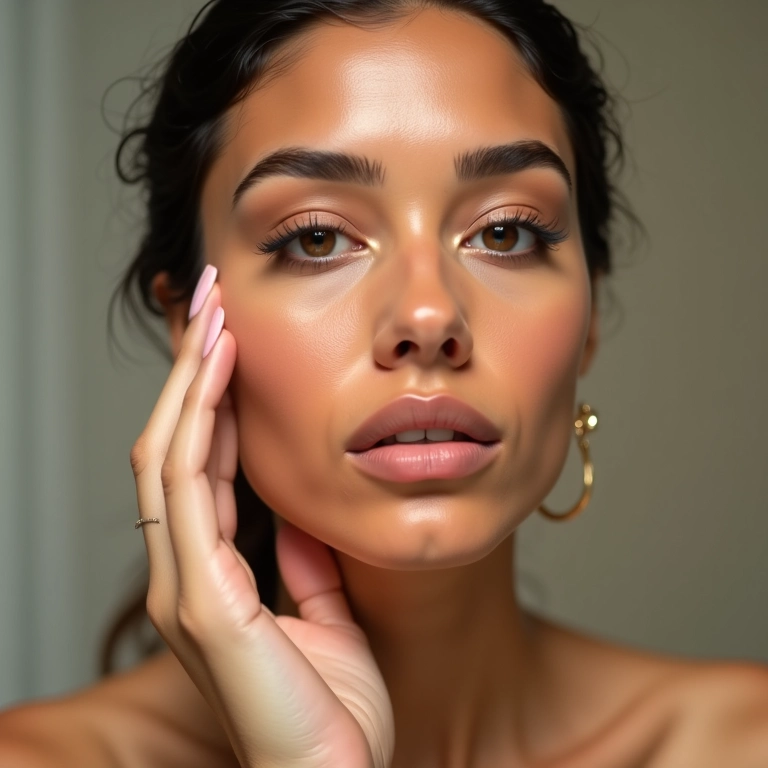 Mulher aplicando iluminador no nariz para um efeito sutil e radiante.