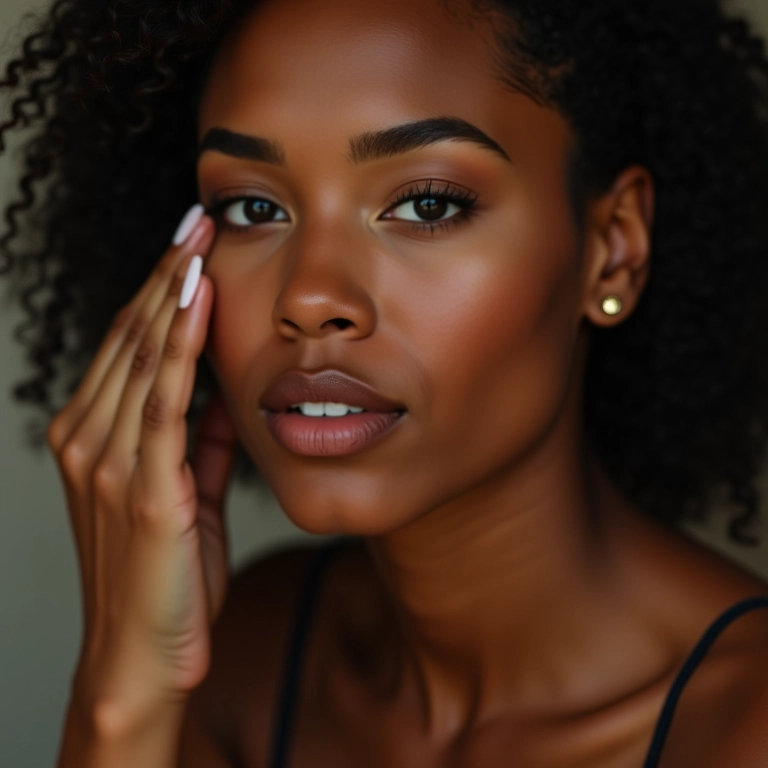 Mulher aplicando iluminador no rosto para realçar os pontos de luz.