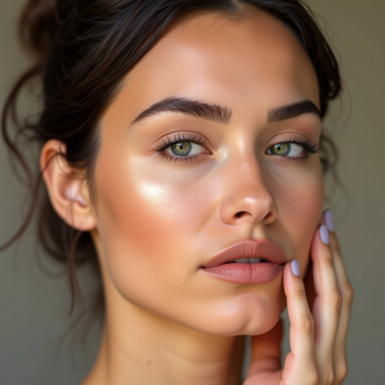 Mulher aplicando iluminador pêssego nos pontos estratégicos do rosto.