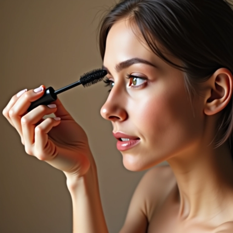 Mulher aplicando máscara de cílios com técnica perfeita.