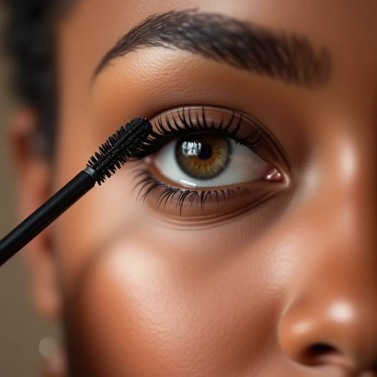 Mulher aplicando máscara de cílios para volume, cílios grossos e expressivos.