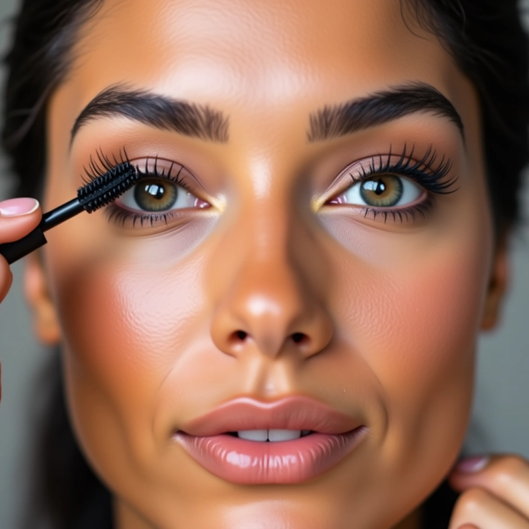 Mulher aplicando máscara de cílios.