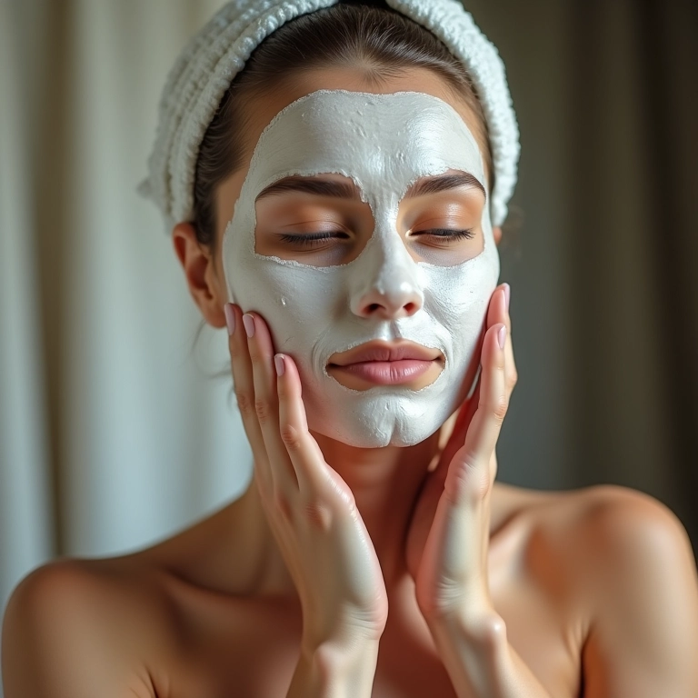 Mulher aplicando máscara facial antes da maquiagem para formatura.