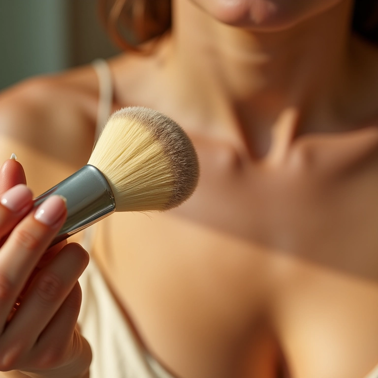 Mulher aplicando pó banana no rosto com pincel macio.