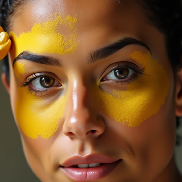 Mulher aplicando pó banana sob os olhos.