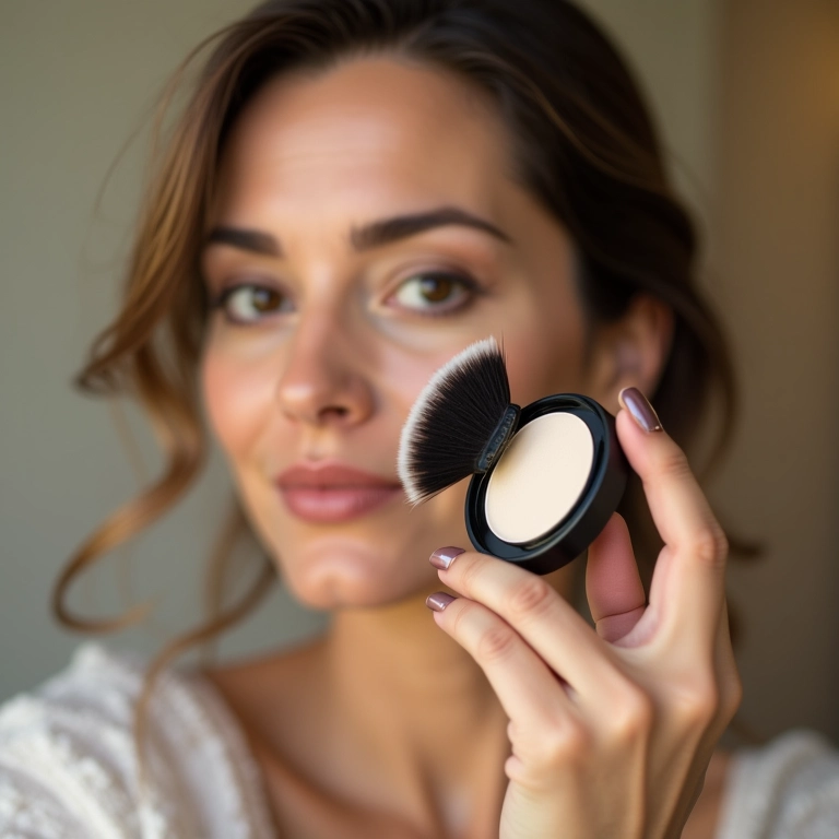 Mulher aplicando pó compacto com pincel seguindo a técnica correta.
