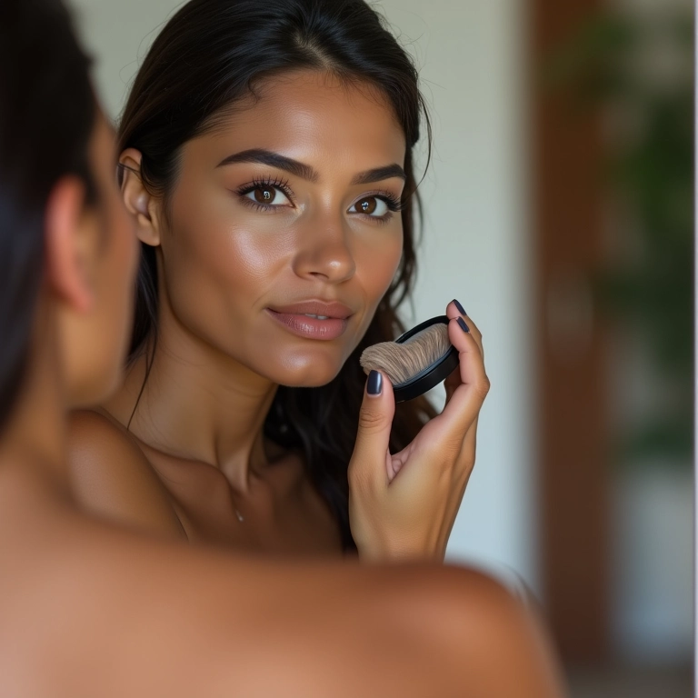 Mulher aplicando pó compacto corretamente.