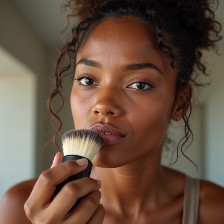 Mulher aplicando pó compacto mineral, pele impecável e natural.