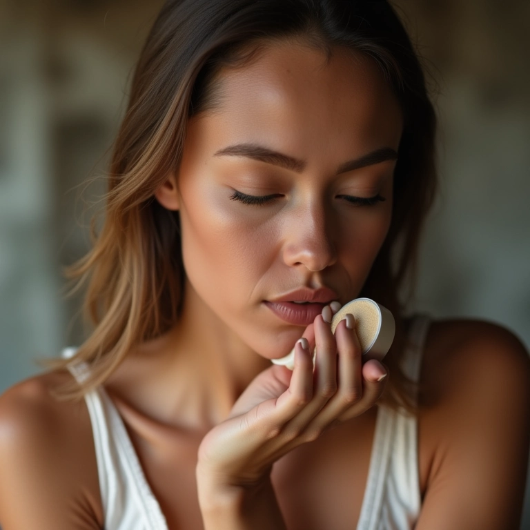 Mulher aplicando pó compacto para selar a maquiagem.