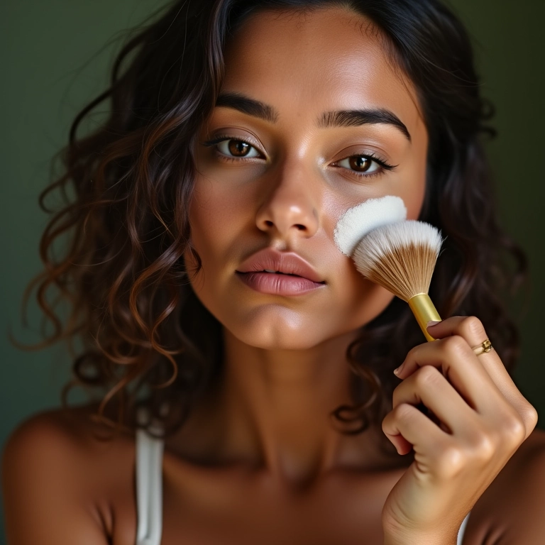 Mulher aplicando pó de bambu no rosto com pincel, controlando a oleosidade da pele.