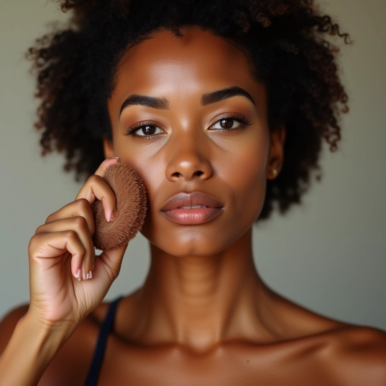 Mulher aplicando pó facial com cor usando esponja.