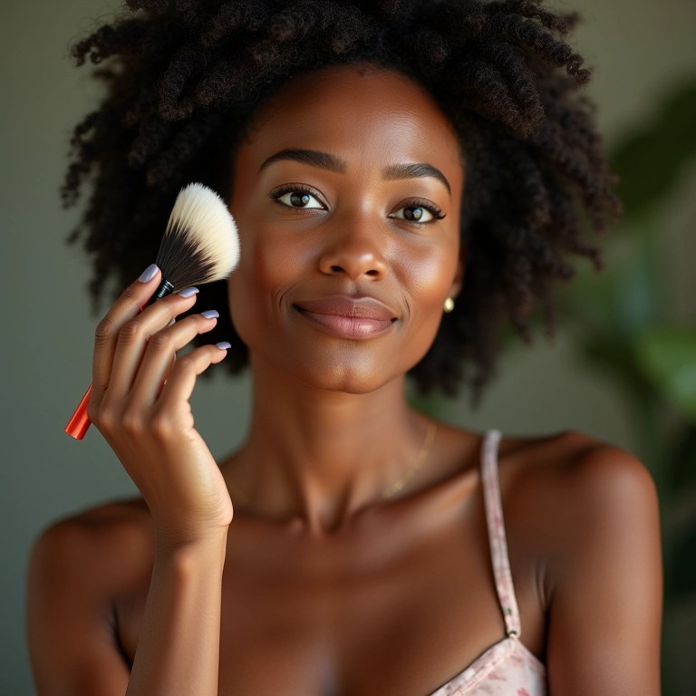 Mulher aplicando pó facial com pincel macio para selar a maquiagem.