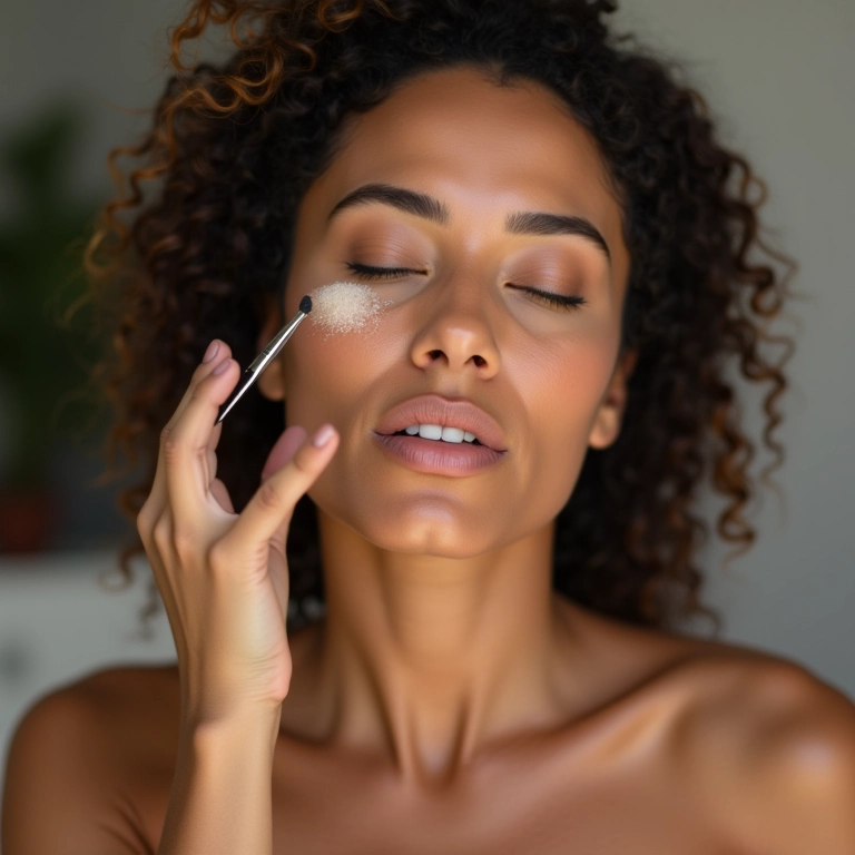 Mulher aplicando pó facial em pele mista.