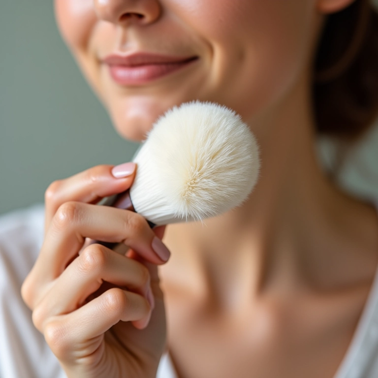 Mulher aplicando pó fixador no rosto com pincel macio.