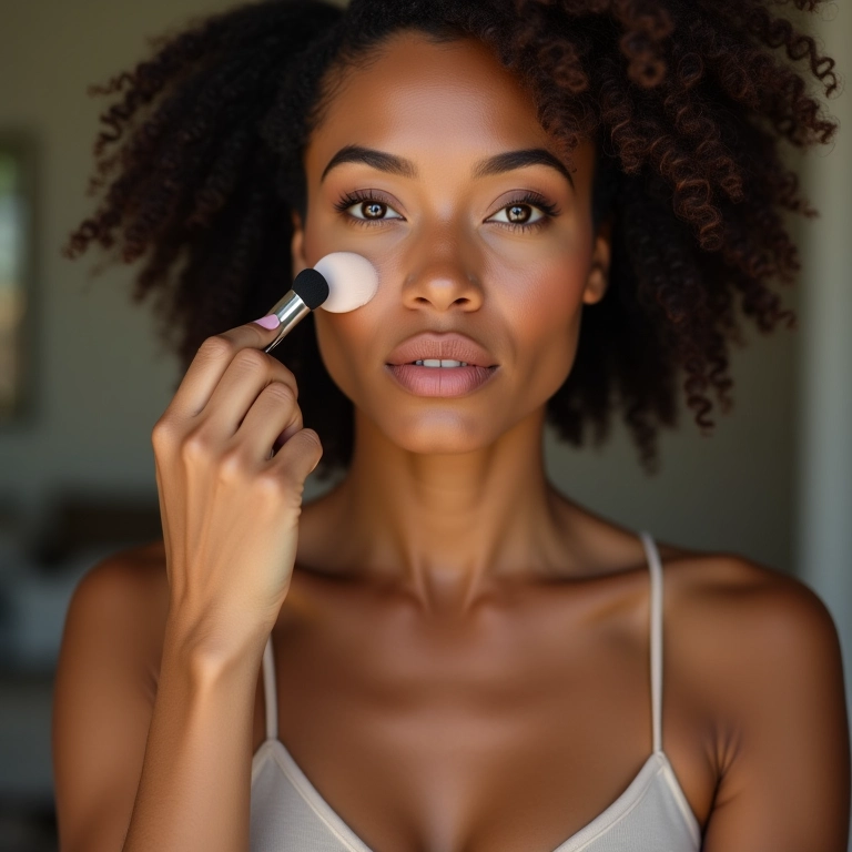 Mulher aplicando pó matificante na zona T.