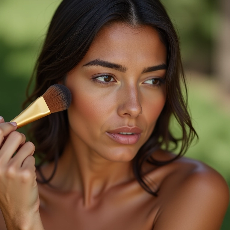 Mulher aplicando pó matificante solto.