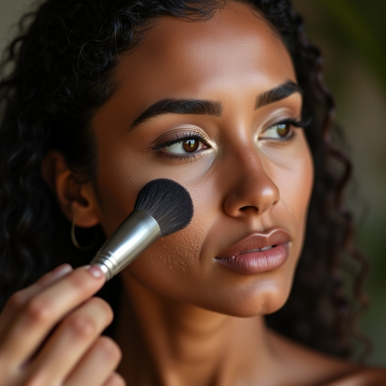 Mulher aplicando pó mineral com pincel.