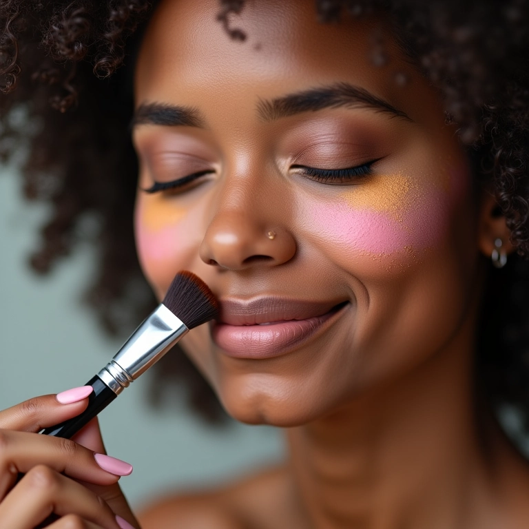 Mulher aplicando pó multicor no rosto com pincel, pele radiante.