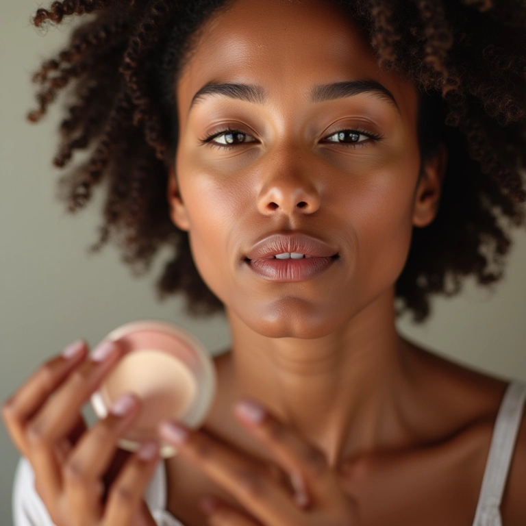 Mulher aplicando pó solto com cor para um acabamento leve e natural.