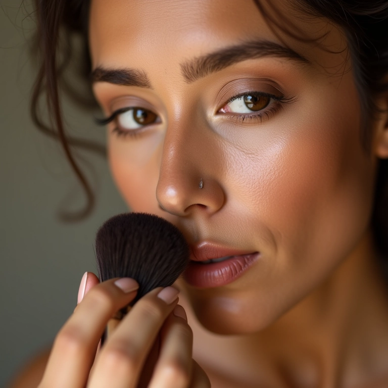 Mulher aplicando pó solto em pele seca para um acabamento natural.