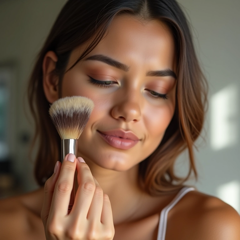 Mulher aplicando pó solto mineral vegano com diferentes pincéis.