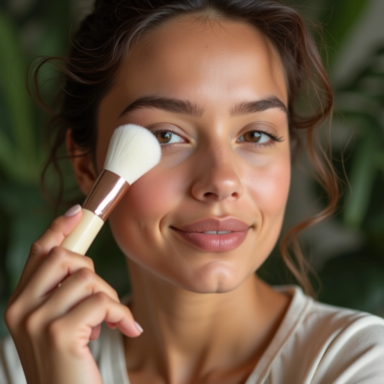 Mulher aplicando pó translúcido com pincel.