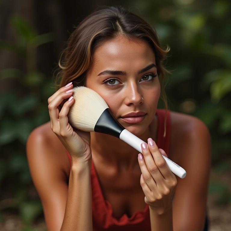 Mulher aplicando pó translúcido com um pincel grande para selar a maquiagem.