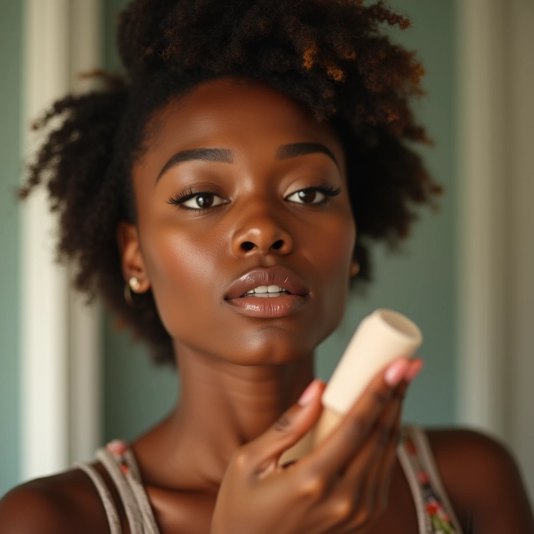 Mulher aplicando pó translúcido no banheiro.