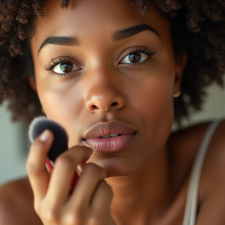 Mulher aplicando pó translúcido para pele oleosa.