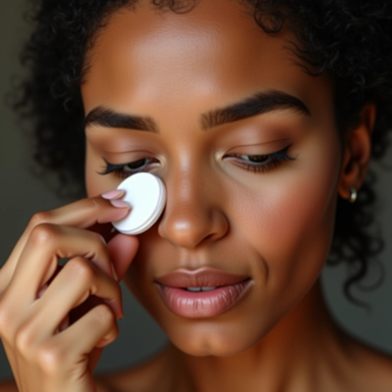 Mulher aplicando pó translúcido para selar corretivo e evitar acúmulo nas linhas de expressão.