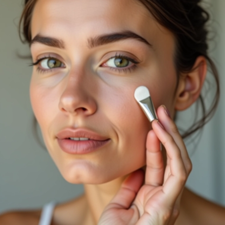 Mulher aplicando primer com cor, tom de pele uniforme.