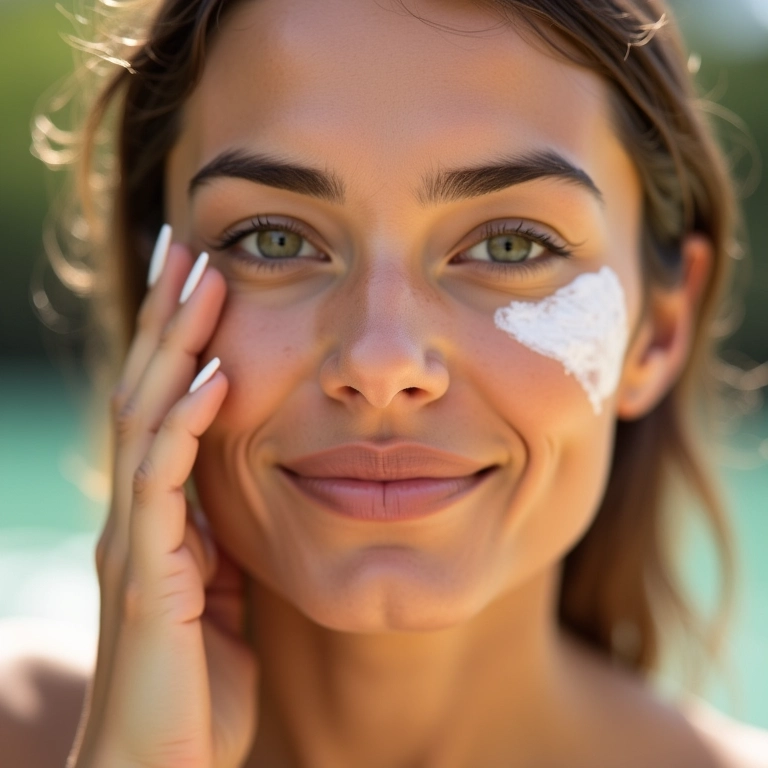 Mulher aplicando primer com proteção solar, dia ensolarado.