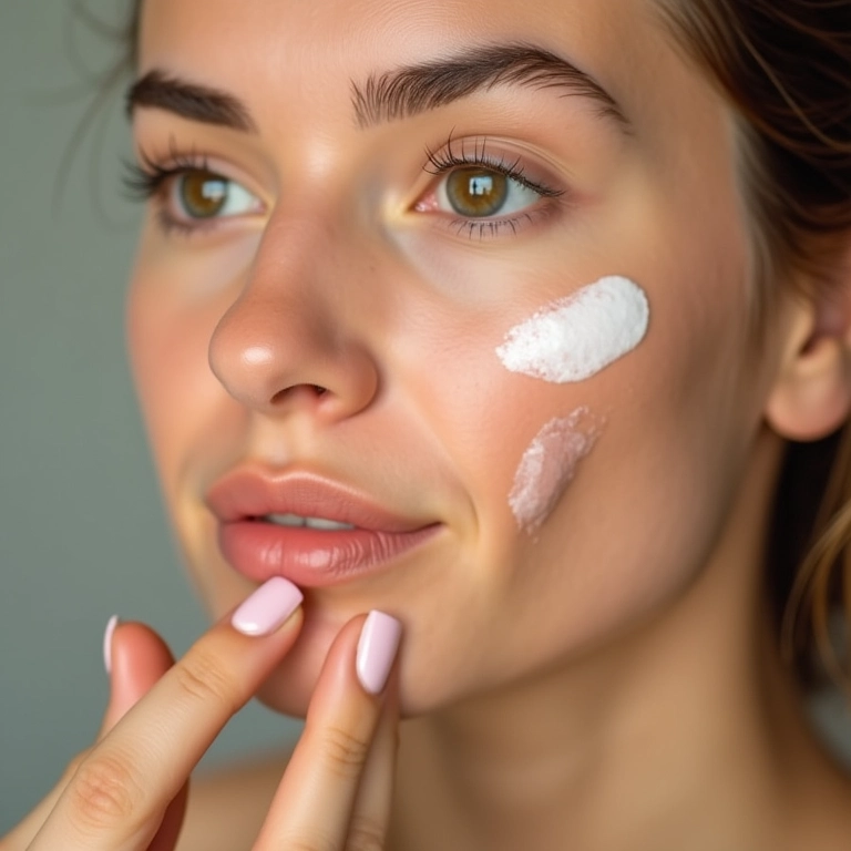 Mulher aplicando primer em gel no rosto, pele radiante.