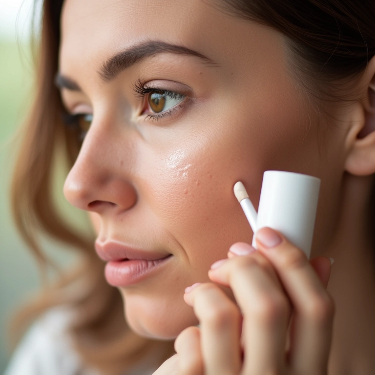 Mulher aplicando primer em linhas finas, pele lisa após aplicação.