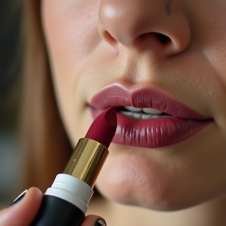 Mulher aplicando primer labial antes do batom vinho.