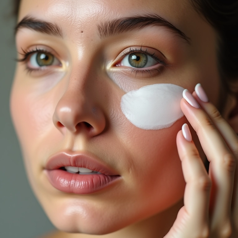 Mulher aplicando primer matificante no rosto.