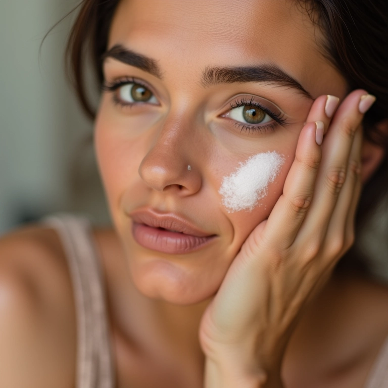 Mulher aplicando primer no rosto antes da maquiagem para uma pele lisa.