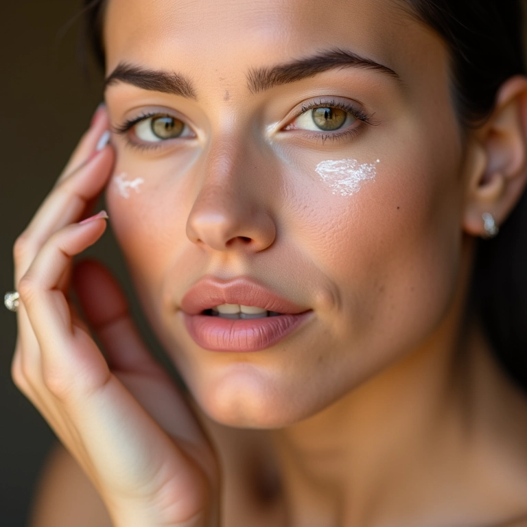 Mulher aplicando primer no rosto antes da maquiagem, pele lisa e uniforme.