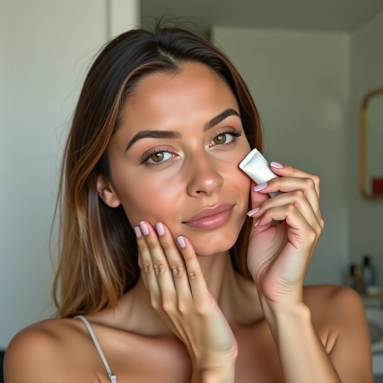 Mulher aplicando primer no rosto em banheiro iluminado.