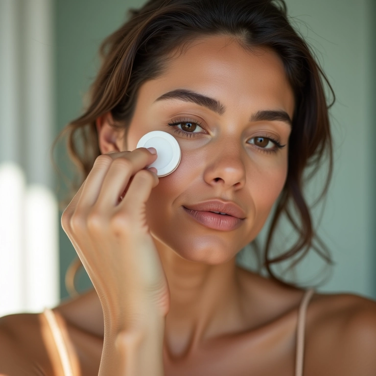 Mulher aplicando primer para fechar poros no rosto.