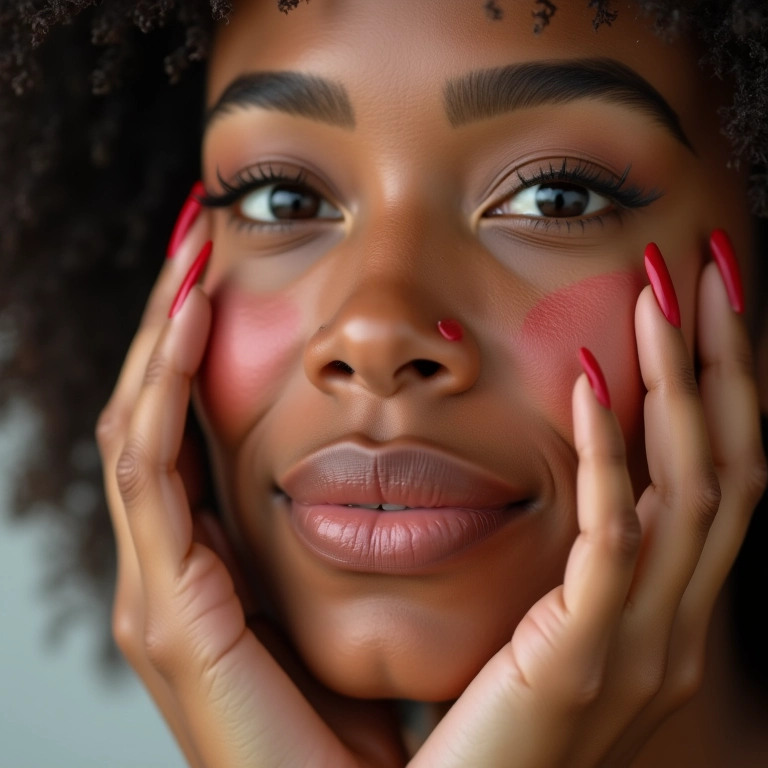 Mulher aplicando primer vermelho para cobrir manchas escuras no rosto.